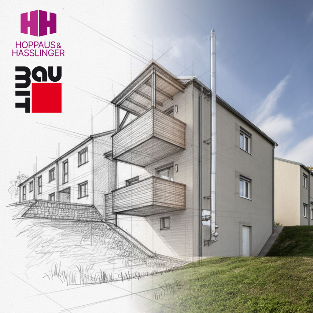 Architektur-Skizze und realisierte Wohnanlage St. Bartholomä mit Holz-Balkonen