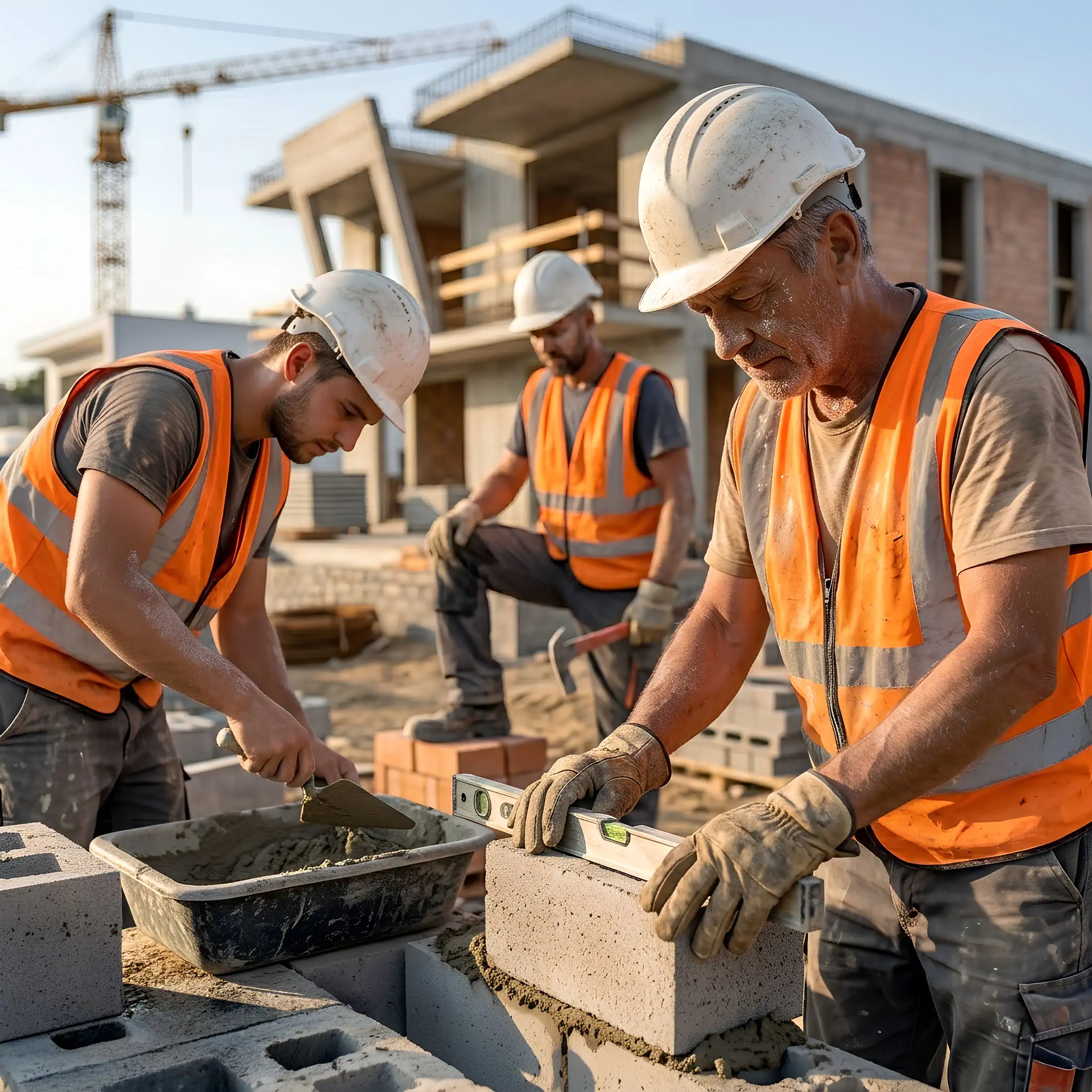 Bauarbeiter beim Mauern auf einer Baustelle mit Mehrfamilienhaus-Rohbau im Hintergrund – Projekte im Bau bei Hoppaus & Hasslinger