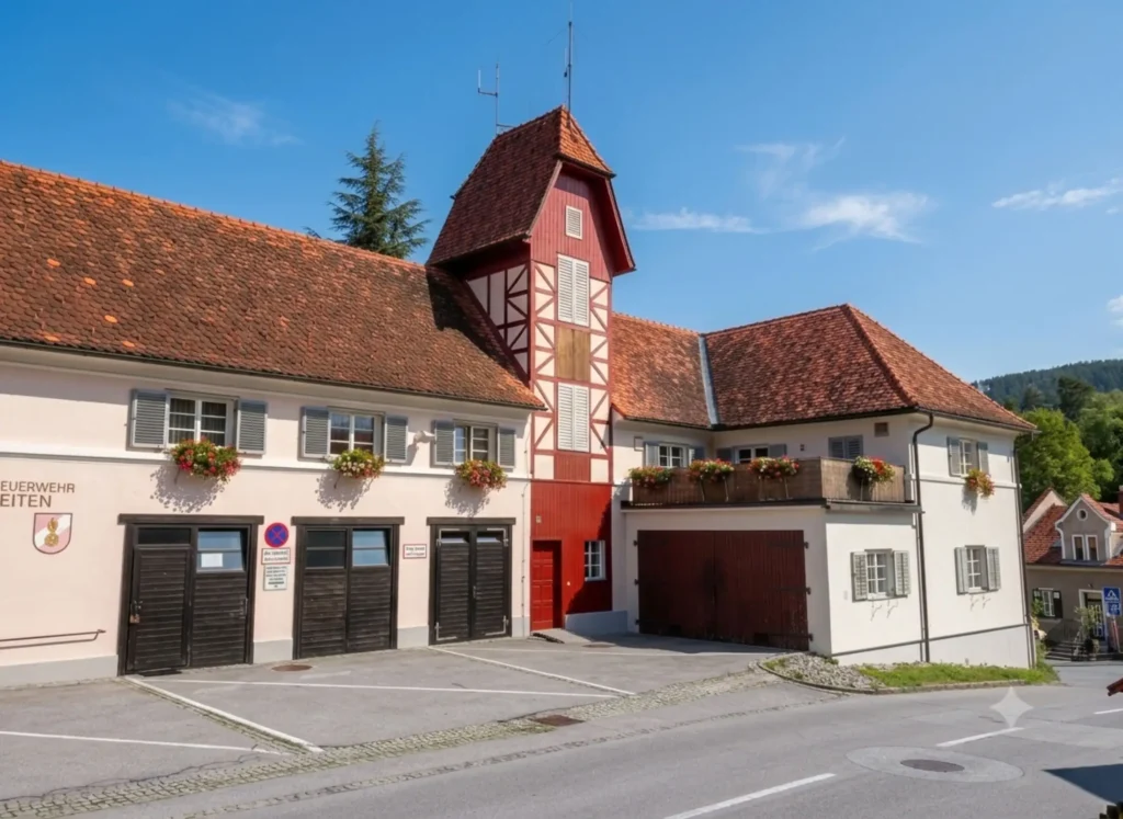 Modernisiertes Feuerwehrhaus mit historischem Turm und roten Dachziegeln im Ortszentrum in der Steiermark