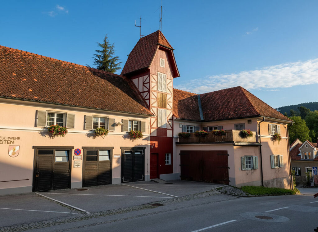 Saniertes Feuerwehrhaus Frohnleiten mit Schlauchturm in der Abendsonne, Gesamtansicht mit rotem Ziegeldach