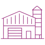 Icon eines Gewerbegebäudes mit Silo und Werkstatt-Tor.