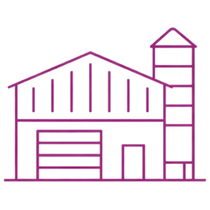 Icon eines Gewerbegebäudes mit Silo und Werkstatt-Tor.