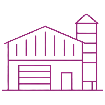 Icon eines Gewerbegebäudes mit Silo und Werkstatt-Tor.