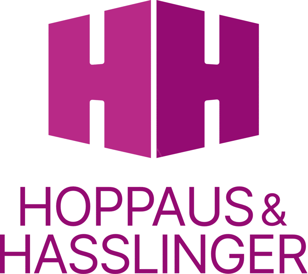 Icon-Logo von Hoppaus & Hasslinger auf transparentem Hintergrund mit zwei große H und Titel