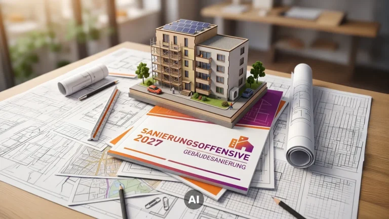 Architekturmodell eines Mehrfamilienhauses mit Baugerüst, Photovoltaikanlage und Wärmepumpe auf Bauplänen zur Sanierungsoffensive 2027.