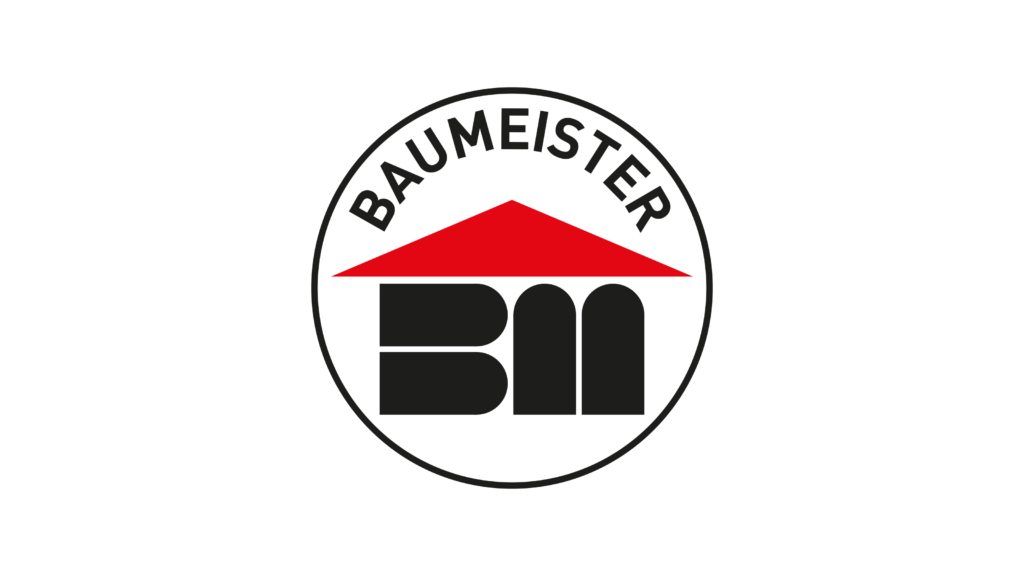 Logo mit den Buchstaben BM unter einem roten Dach, Schriftzug „Baumeister“.