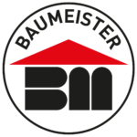 Logo mit den Buchstaben BM unter einem roten Dach, Schriftzug „Baumeister“.