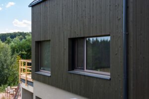 Dunkle vertikale Holzverkleidung mit zwei unterschiedlich großen Fenstern und einem seitlichen Regenfallrohr.