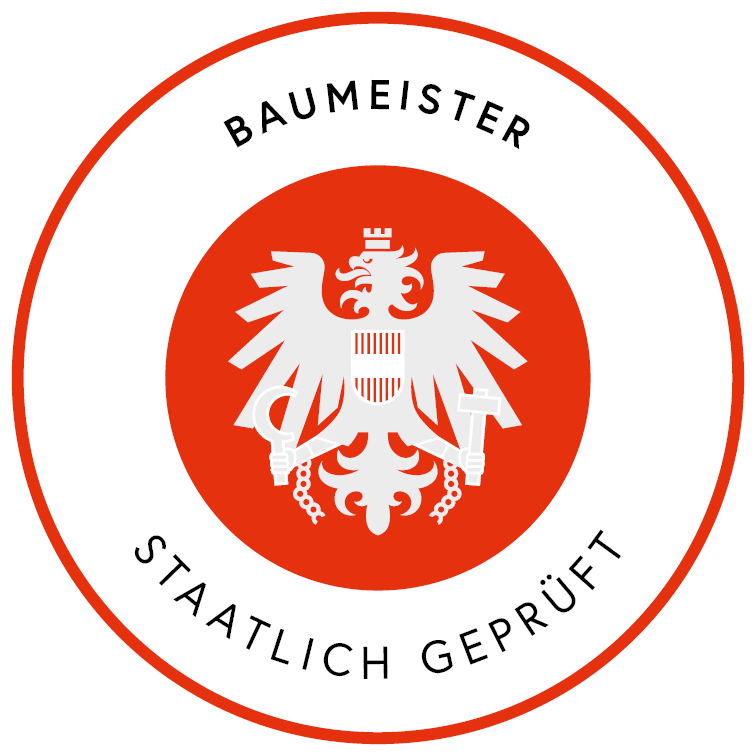 Rundes Siegel mit dem Text „Baumeister Staatlich Geprüft“.